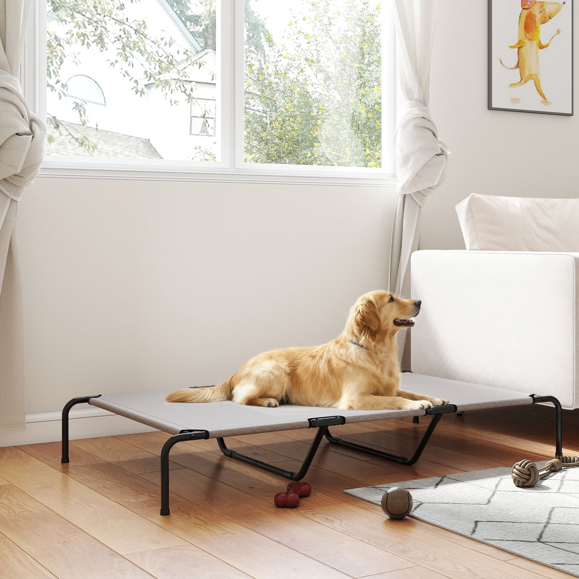 Elevated Dog Bed Large Breeds Outdoor Dog Bed Breathable Mesh Steel Frame Beige, 60"L