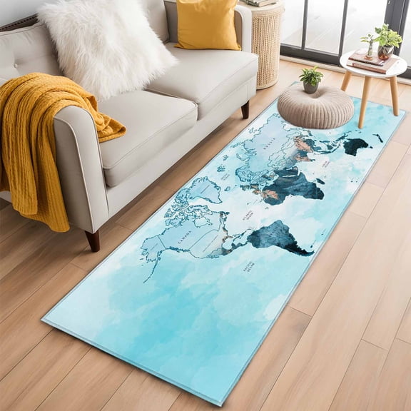 Runner Rug 2 x 6 Ft, Blue Maps Washable Non-Slip Floor Mat for Kitchen Hallway/Entryway, Abstract World Map Ocean Modern Long Kitchen Runner Area Rugs for Living Room, Low-Profile