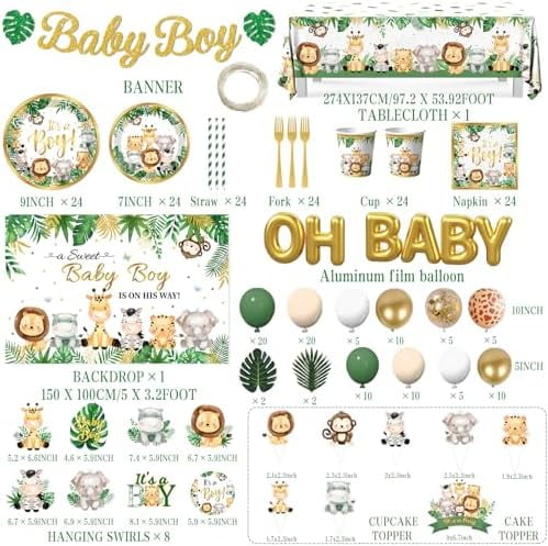 Safari Baby Shower Decorations,387pcs Jungle Baby Shower Decorations Sweet Boy Baby shower Theme Plates and Napkins Cups Tablecloth Backdrop Topper Balloons for Boy Wild Birthday Decorations