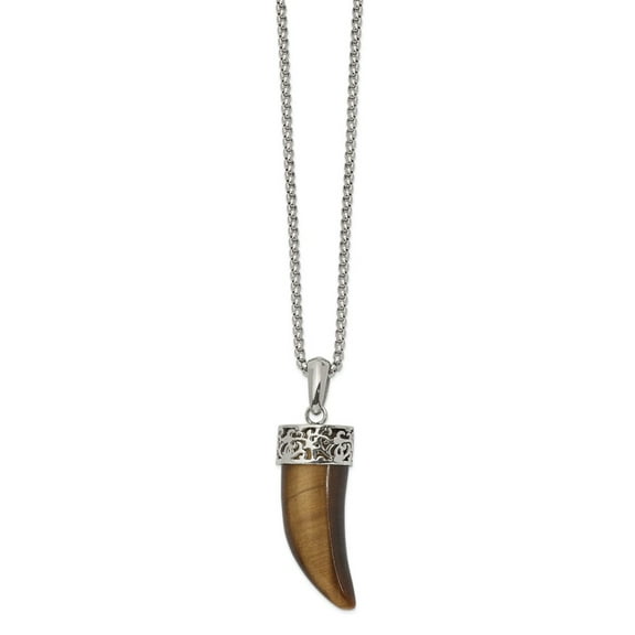Primal Steel Stainless Steel Polished Tiger's Eye 24-inch Horn Necklace