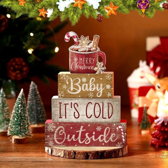 HaoXun Christmas Wooden Hot Cocoa Decorative Ornament - Layered Desktop Decoration with "Baby It’s Cold Outside" Phrase