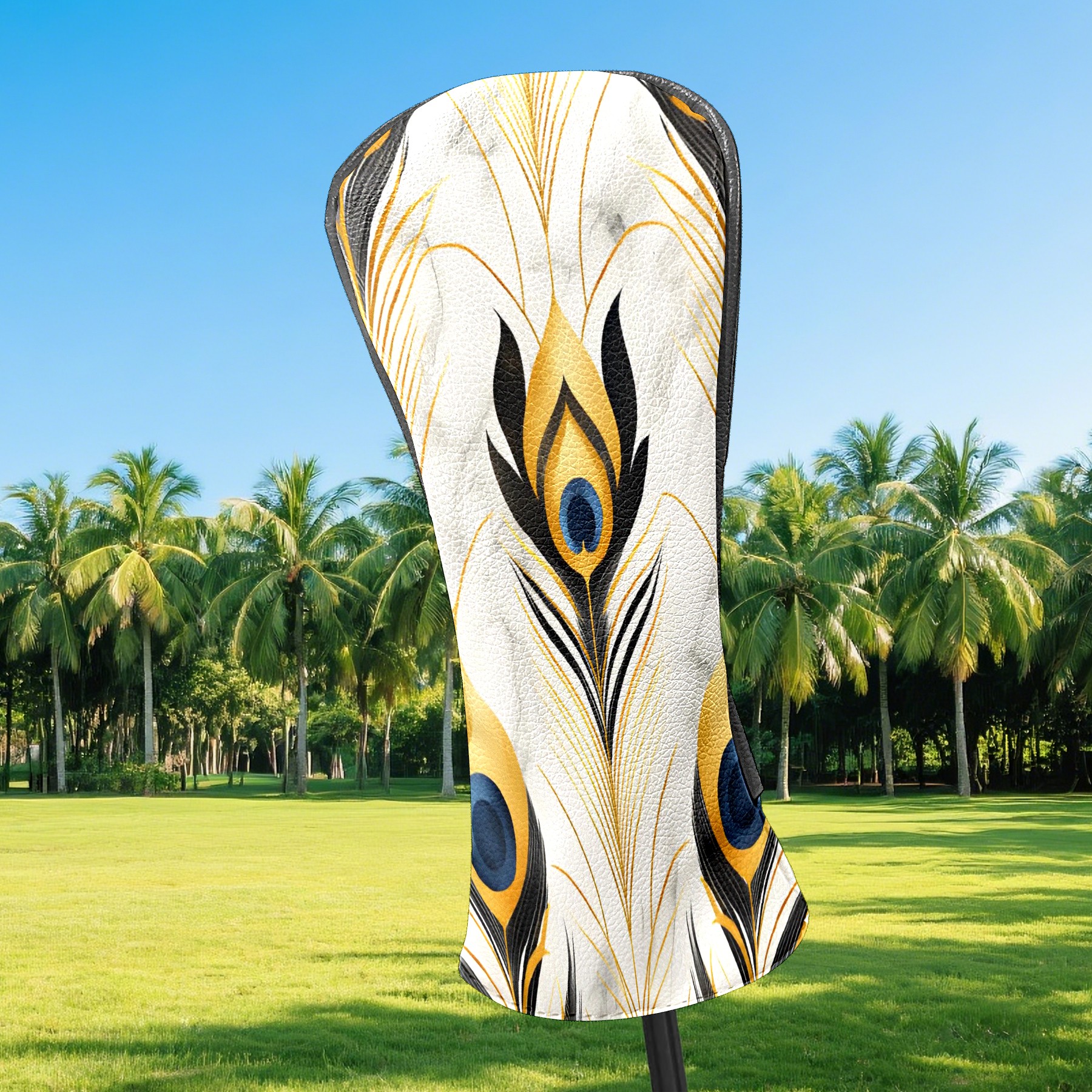 Golf Club Covers, White Gold Peacock Premium PU Leather Driver Hybrid Putter Head Covers with Velvet Lining, Waterproof Golf Gifts for Men Women