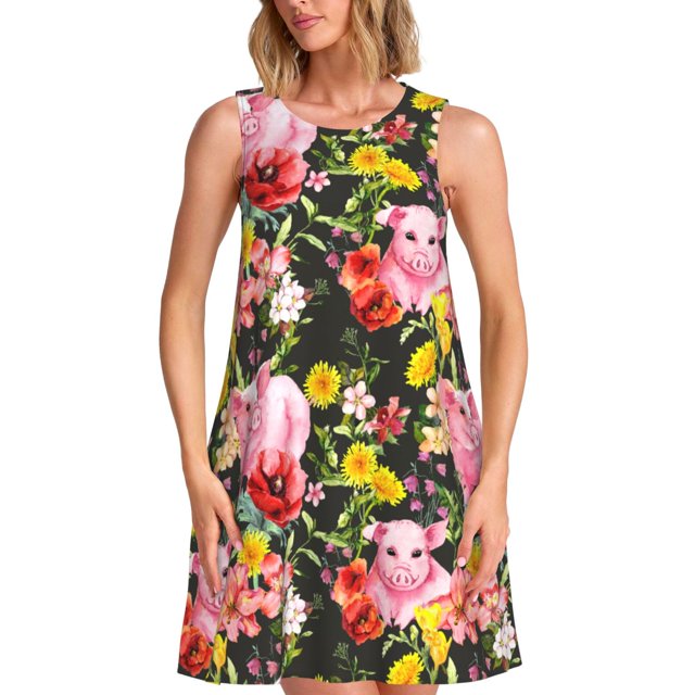 Disketp Cute Pigs Sunflower para Vestido sin Mangas para Mujeres, Vestidos de Verano para Mujeres, Casual y Holgado para la Playa