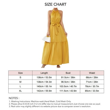 Reiche Women Long Dress Halter Neck Sleeveless Flowy Ruffle Hem Waist Belt Pure Color Summer Dress Yellow L