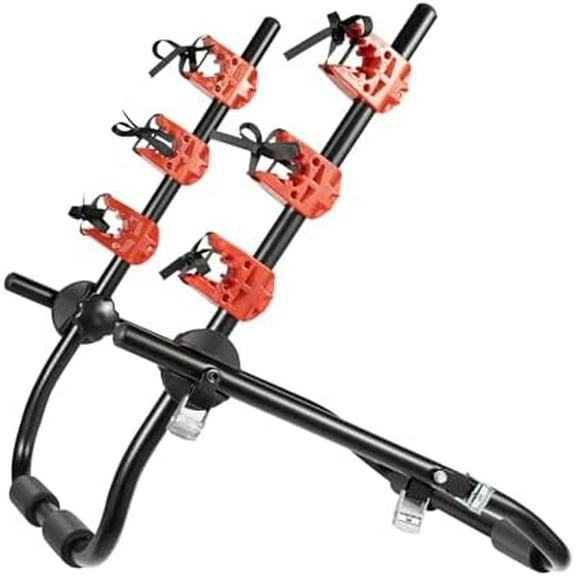 3-Bike Hitch Mount , Vehicle Trunk Mount Bike  F Frame Foldable Bicycle  Holder with Fix Strap, Foldable Bike  for Car Trunk Mount, Fits Most Sedans Hatchbacks Minivans and SUVs