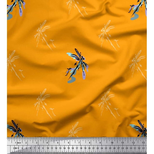 Soimoi Poly Georgette Fabric Dragonfly & Texture Decor Fabric Printed Yard 52 Inch Wide