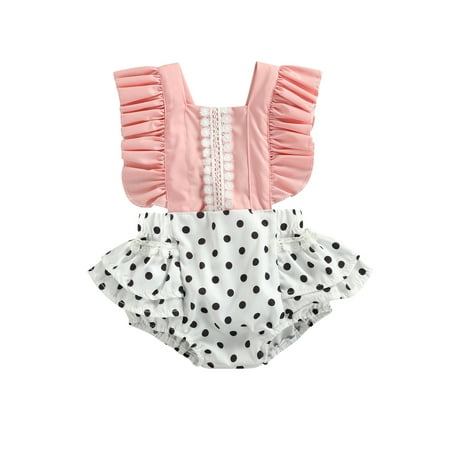 

Binpure Toddler Summer Rompers Lace Wave Dot Match Square-Neck Ruffled Sleeveless V-Back Jumpsuit