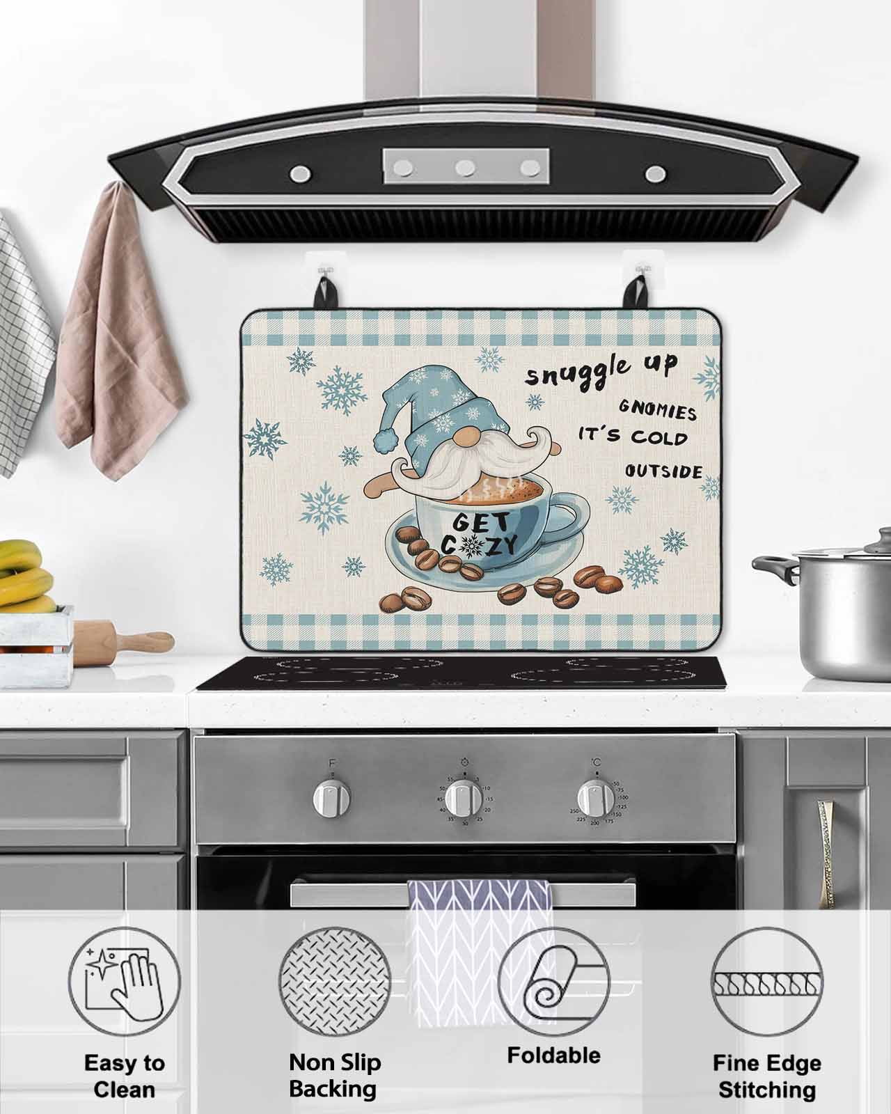 Large Induction Cooktop Protector Mat Blue Gnomes Stove Top Covers for Electric Stove, Coffee Snowflake Winter Checkered Rustic Decorative Stove Burner Cover Mats, Glass Top Stove Cover