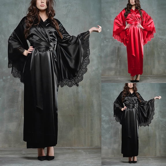 FCLoft Women's Long Satin Bath Robe - Silky Lightweight Kimono Robe with Lace Trim, Bridesmaid Wedding