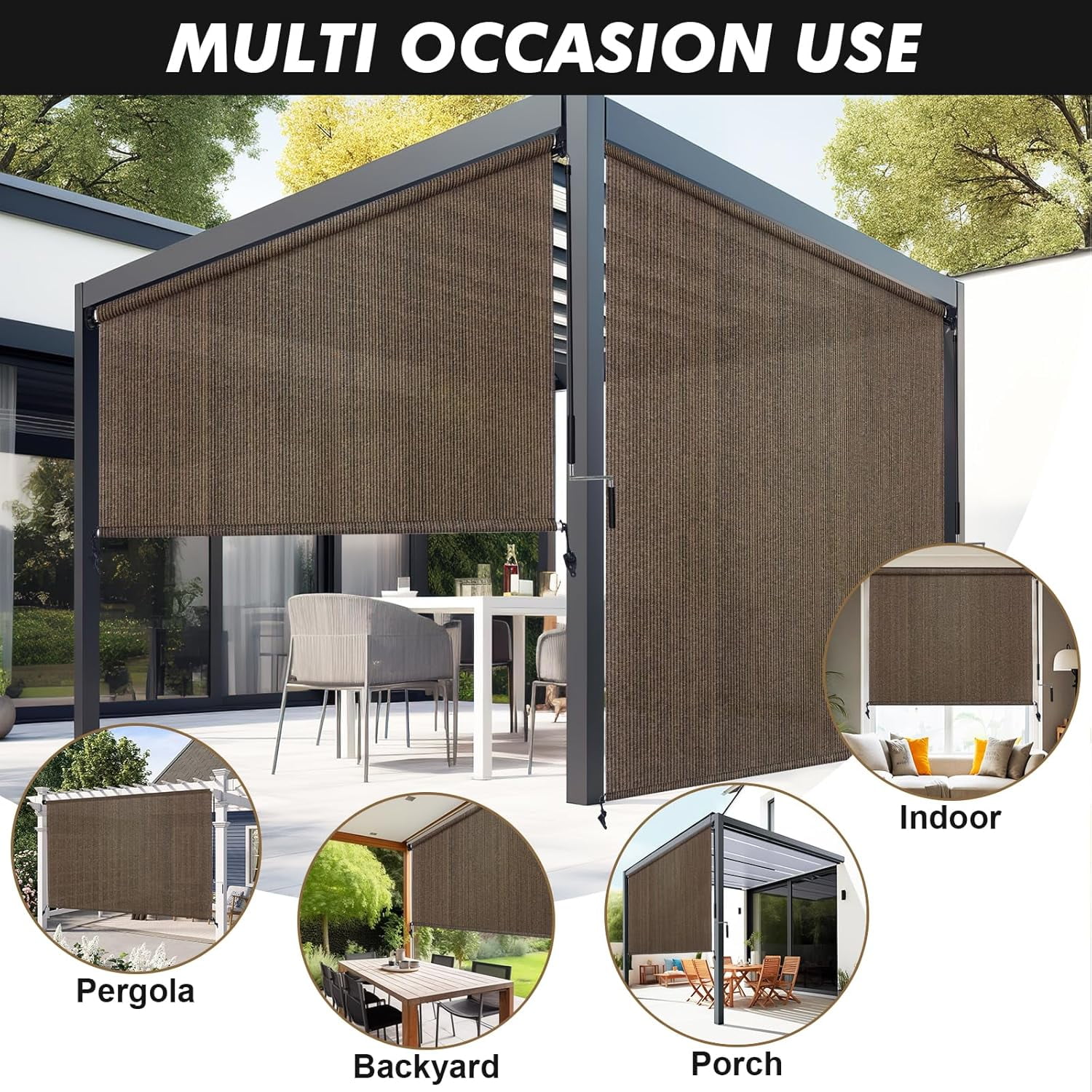 NAWAY 6'W x 6'H Cordless Outdoor Roller Shades,220 GSM HDPE Fabric,90% UV Protection Exterior Roll up Blinds for Porch,Gazebo,Balcony,Coffee Brown