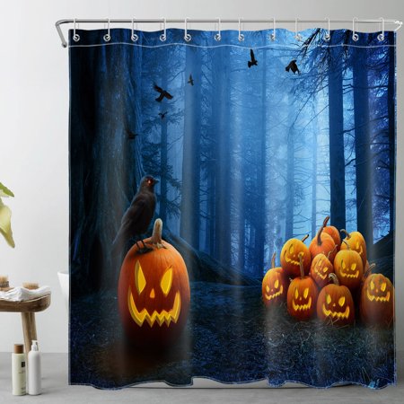 HVEST Scary Halloween Shower Curtain for Bathroom Orange Pumpkin and Crow on Blue Forest Bathroom Shower Curtains with Hooks, Horror Holiday Bathroom Curtains Shower Set 69x70 inch