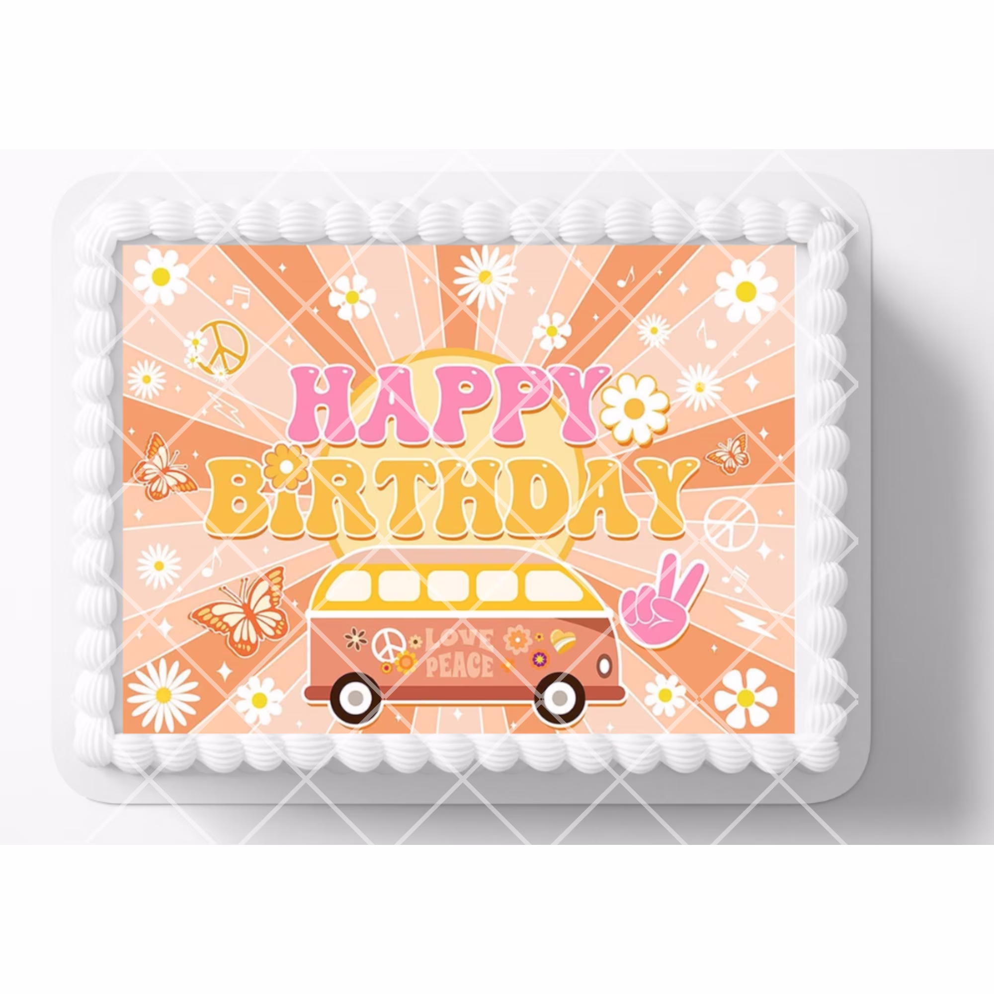 Retro Peace Hippie Groovy Birthday Edible Image Cake, Cupcake & Cookie Topper, by Tnct.