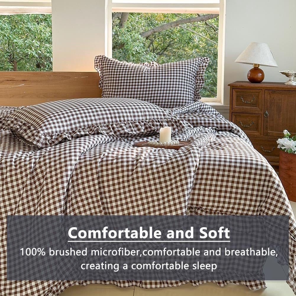 Mocha Gingham Ruffle Duvet Cover King Size, 3 Pieces Soft Pre-Washed Microfiber Checked Plaid Comforter Cover Set, Vintage Farmhouse Bedding Set(Mocha Gingham, King 104"x90")