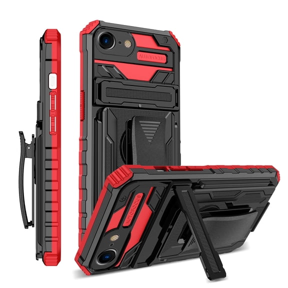 For iPhone 7 Plus / iPhone 8 Plus Case with Belt Clip Holster, Heavy Duty Military Grade Drop Protective, 360° Rotating Kickstand Shockproof TPU Shell Durable Rugged Cover, Red