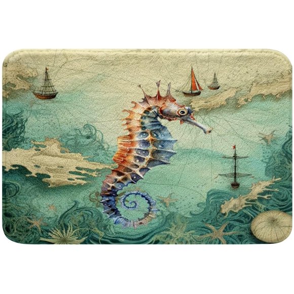Feelyou Seahorse Bathroom Rugs 16"x24" Kids Sailboat Printed Bath Rugs for Shower Tub for Boys Girls Teens Ocean Themed Bath Mats for Bathroom Marine Life Sealife Bathroom Accossories