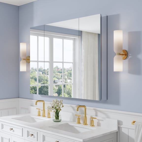 ANGELES HOME Aluminum Bi-View Medicine Cabinet, 48" x 36" Bathroom Mirror Cabinet, Recessed or Surface Mount Installation