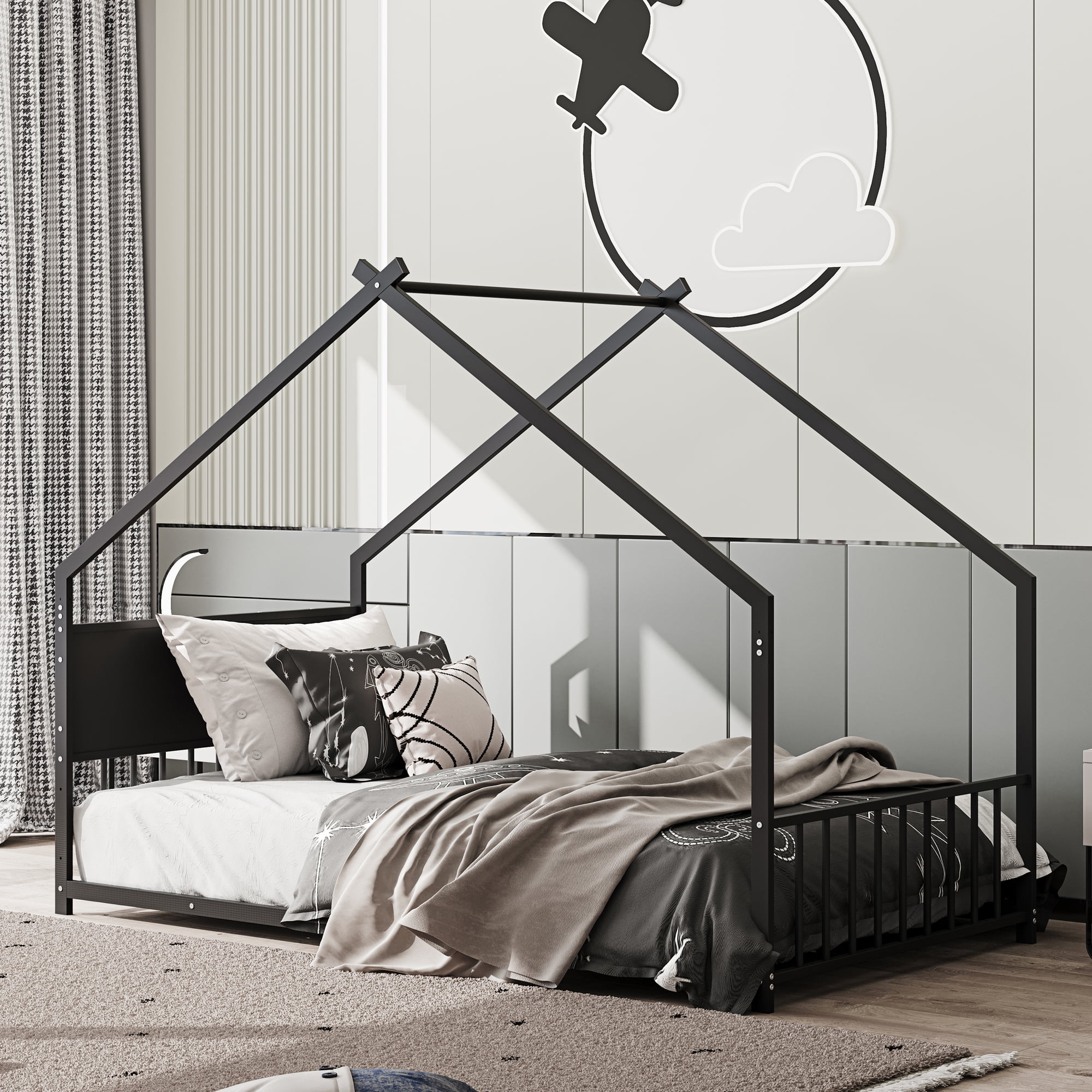House Bed, Twin Size Bed Frame, Metal Bed with Roof and Colorful Lights, Slats Support No Box Spring Needed, Black Youth Bed