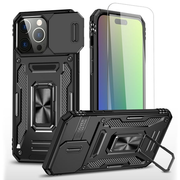 Allytechgroup Magnetic for iPhone 16 Case with 1x Screen Protector, Rotatable Kickstand Support Car Mount Slide Camera Cover Protective Phone Case for Women Men, Black