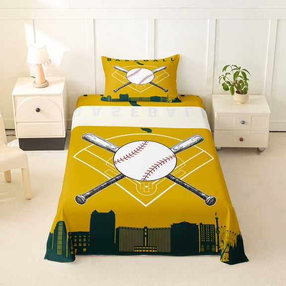 Erosebridal Kids Est Sleep Sport Twin Sheet Sets, Baseball Game Bedding, Gold Green, 3-Piece