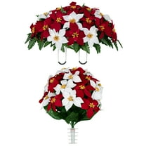Sympathy Silks Artificial Cemetery Flowers Christmas Red White Poinsettia bouquet with cemetery saddle