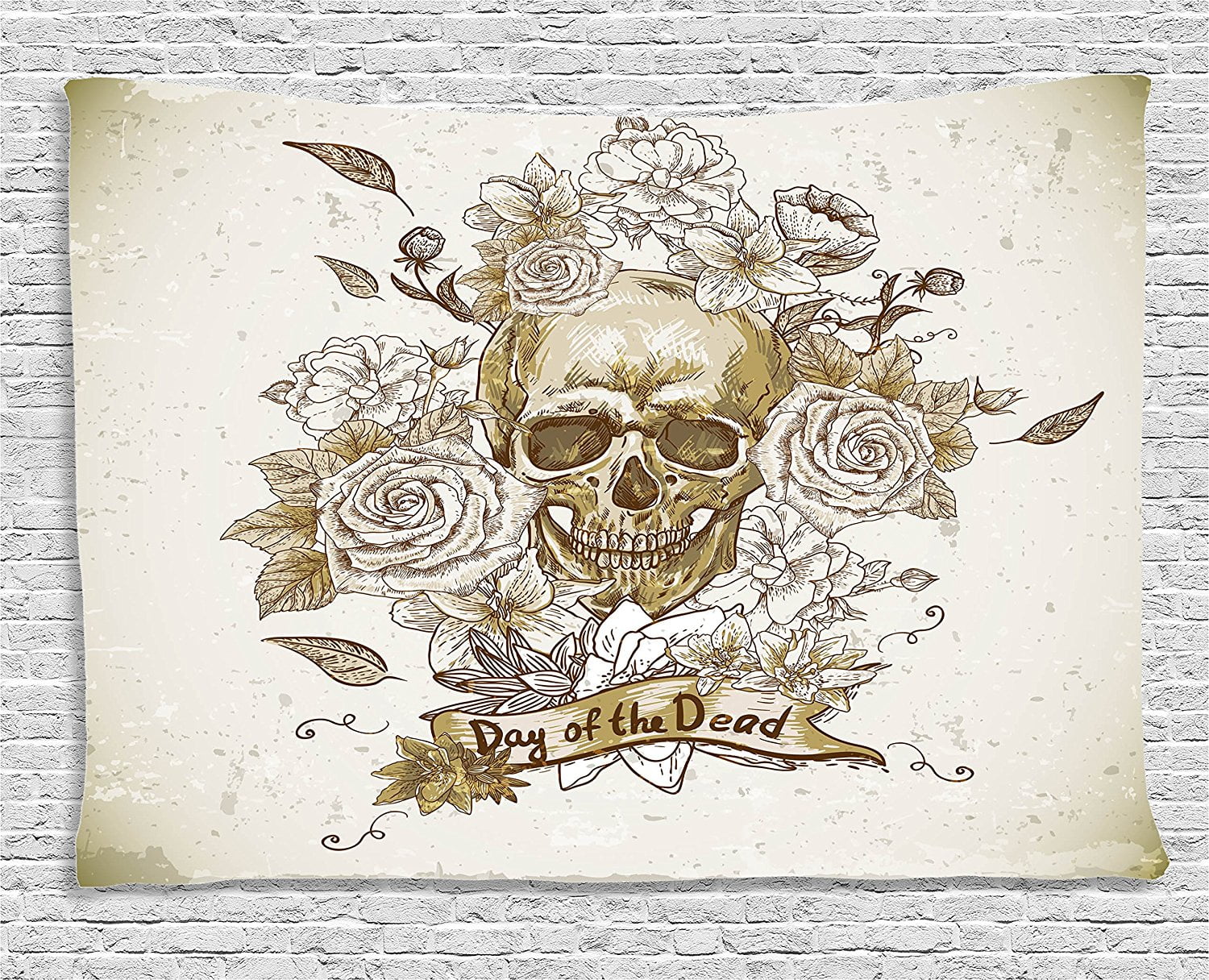 Skulls Decorations Tapestry Wall Hanging by , Skull with Roses Day of the Dead Sign Horror ...