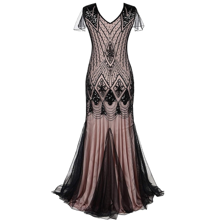 1920s Sequin Gatsby Flapper Long Dress  Mermaid Evening Gown Black Pink / L