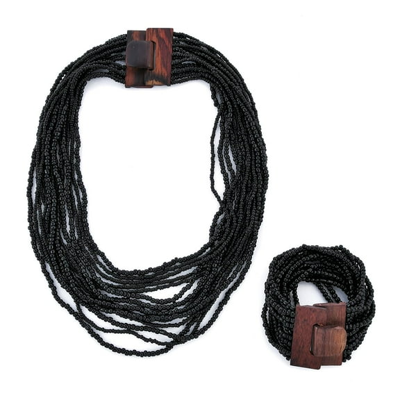 Handmade Seed Bead Necklace & Bracelet Set - Black Boho Jewelry for Women - Layered Multi Strand Beaded Statement Jewelry w/ Wooden Clasp - Necklace 18" - Strechable Bracelet Christmas Gifts