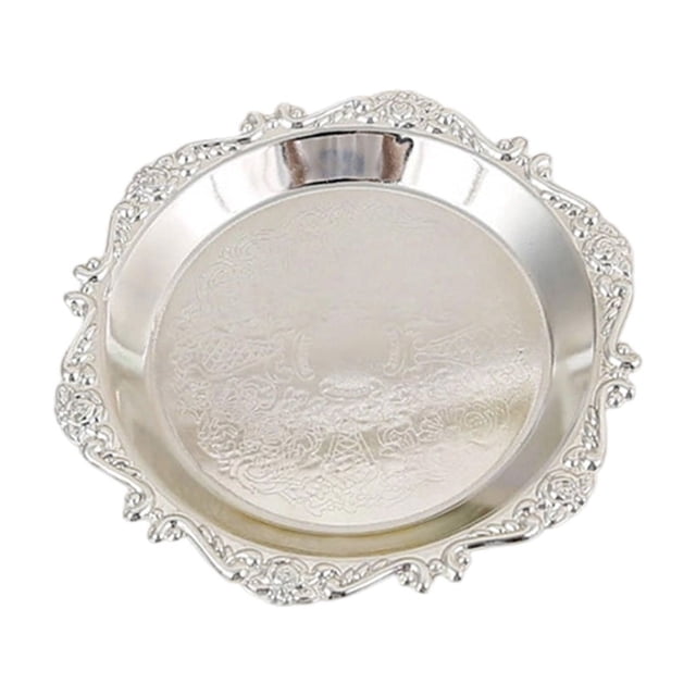 Jewelry Organizer Tray Silvery Metal Embossed Design 7.87 in Diameter For Vanity Bedroom Home Decor