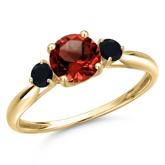 Gem Stone King 10K Yellow Gold Red Garnet and Black Onyx 3-Stone Ring for Women | 1.20 Cttw | Round 6MM | Gemstone January Birthstone | Size 7