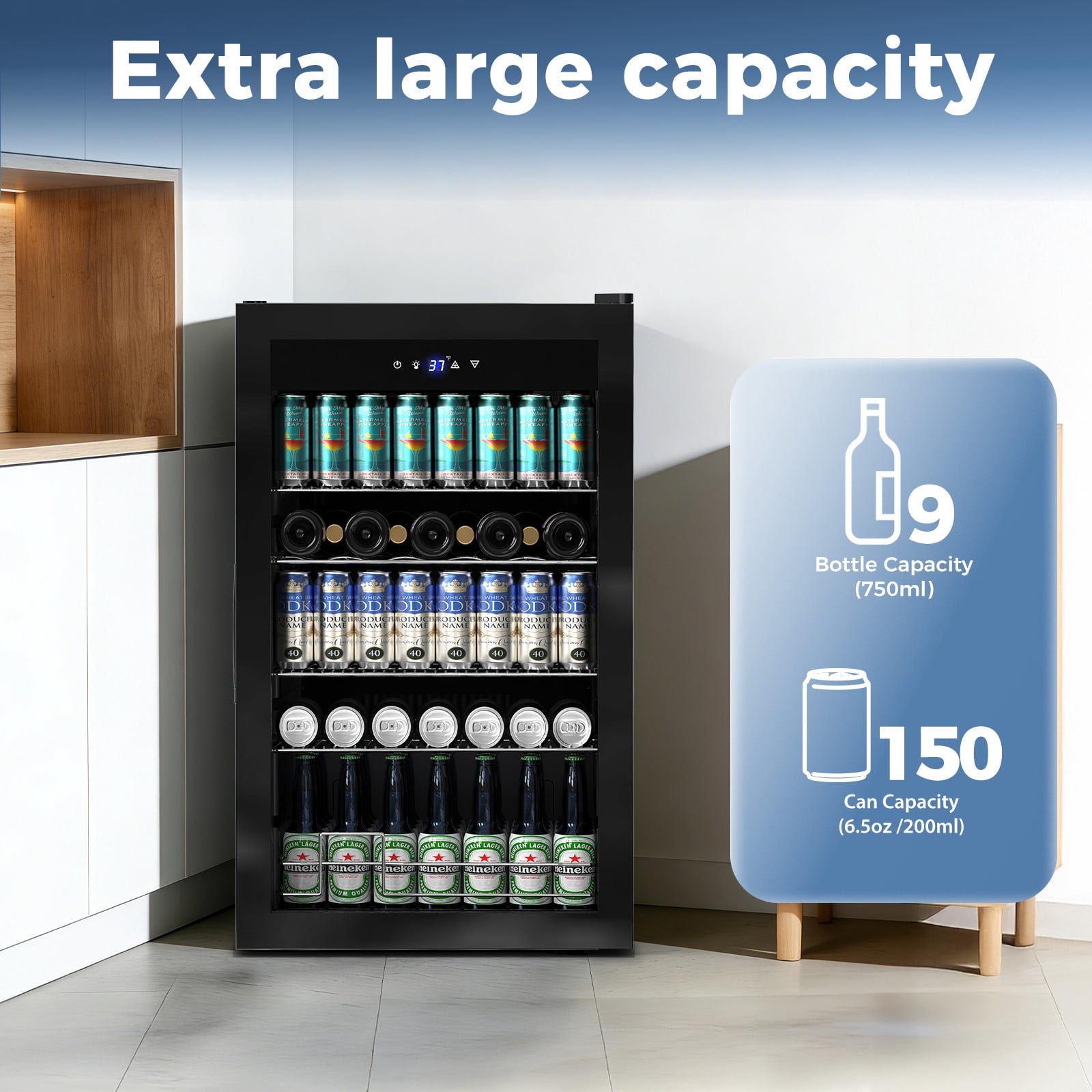 TITTLA 150 Can Beverage Refrigerator with Glass Door,Extra Bottles Rack,Touch Control Panel,Freestanding Mini Fridge,Black