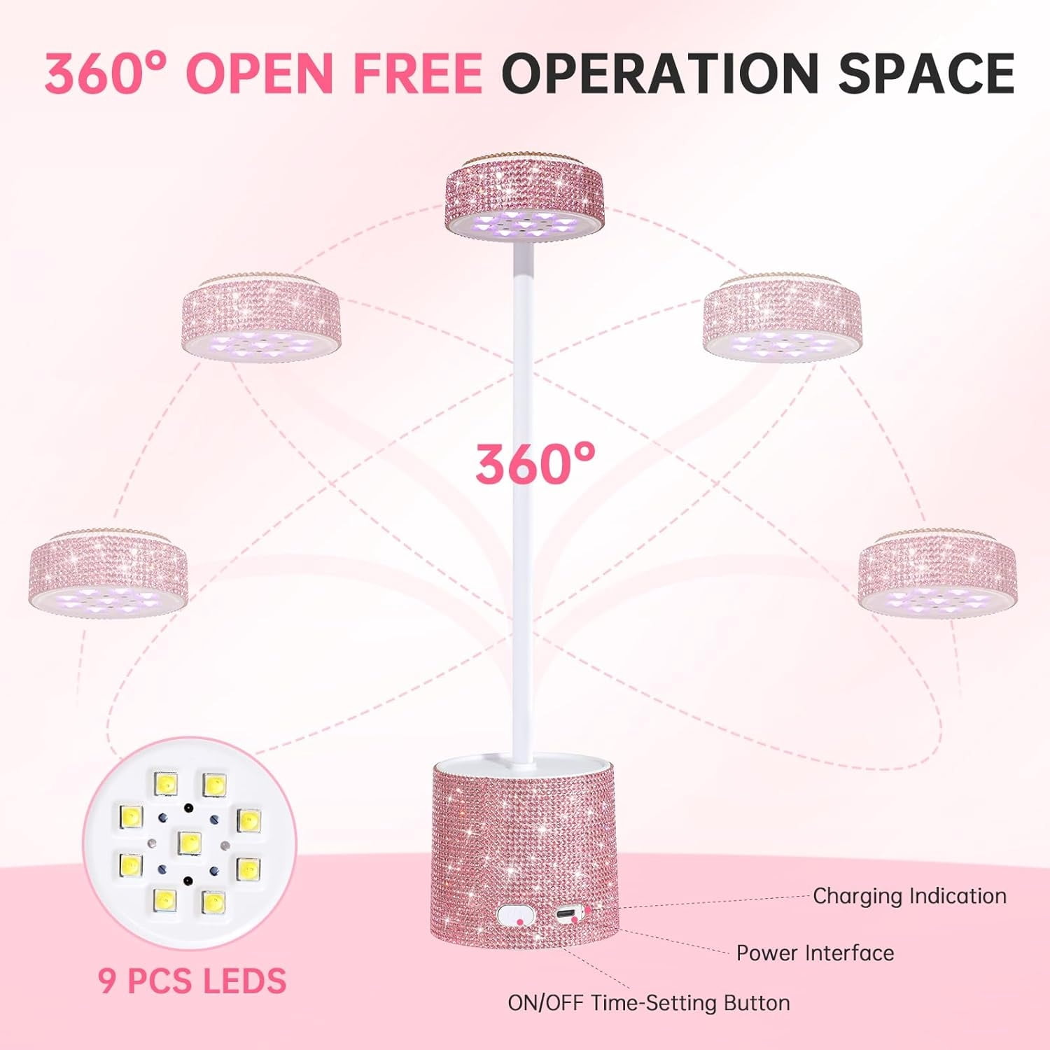 UV LED Nail Lamp, Mini UV Light for Gel Nails Polish, Rechargeable LED Flash Cure Nail Dryer, Quick Drying Goosenecks UV Nail Lamp for Home Nail Salon DIY Manicure, AB Diamond,Rose Red Sticky Diamond