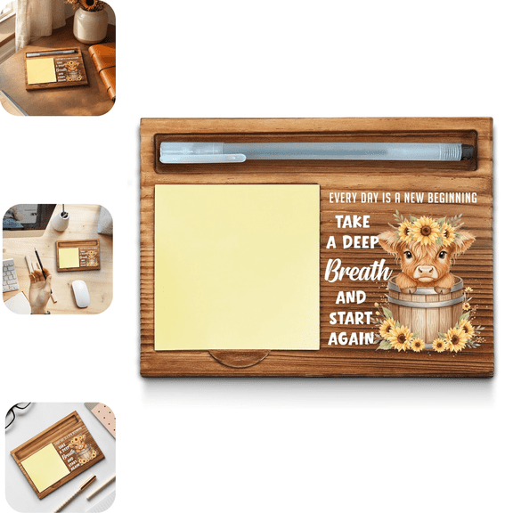 Back to School Wooden Sticky Note Holder, Highland Cow Sunflower Positive Affirmation Desk Organizer, Wooden Desktop Note Holder with Pen Storage Slot