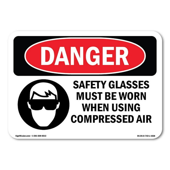 OSHA Danger Sign - Safety Glasses Must Be Worn Compressed Air | Decal | Protect Your Business, Construction Site, Shop Area | Made in The USA