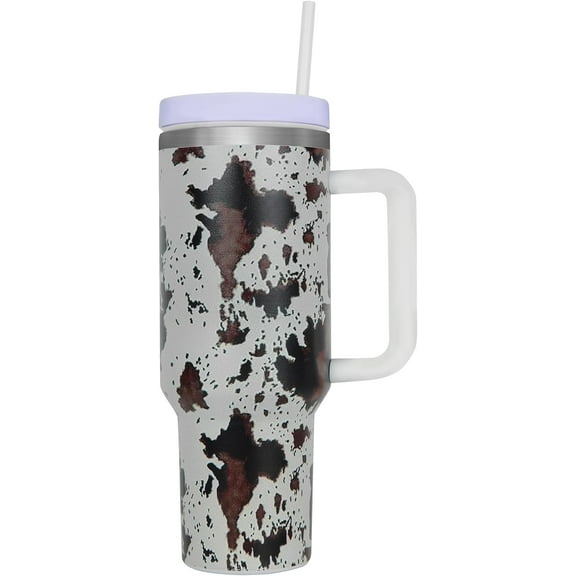 40oz Cow print Tumbler With handle, Stainless Steel Tumbler With Lid and Straws, Double Vacuum Leak Proof Travel Coffee Mug Cup Water Bottle For Home, Office, Party