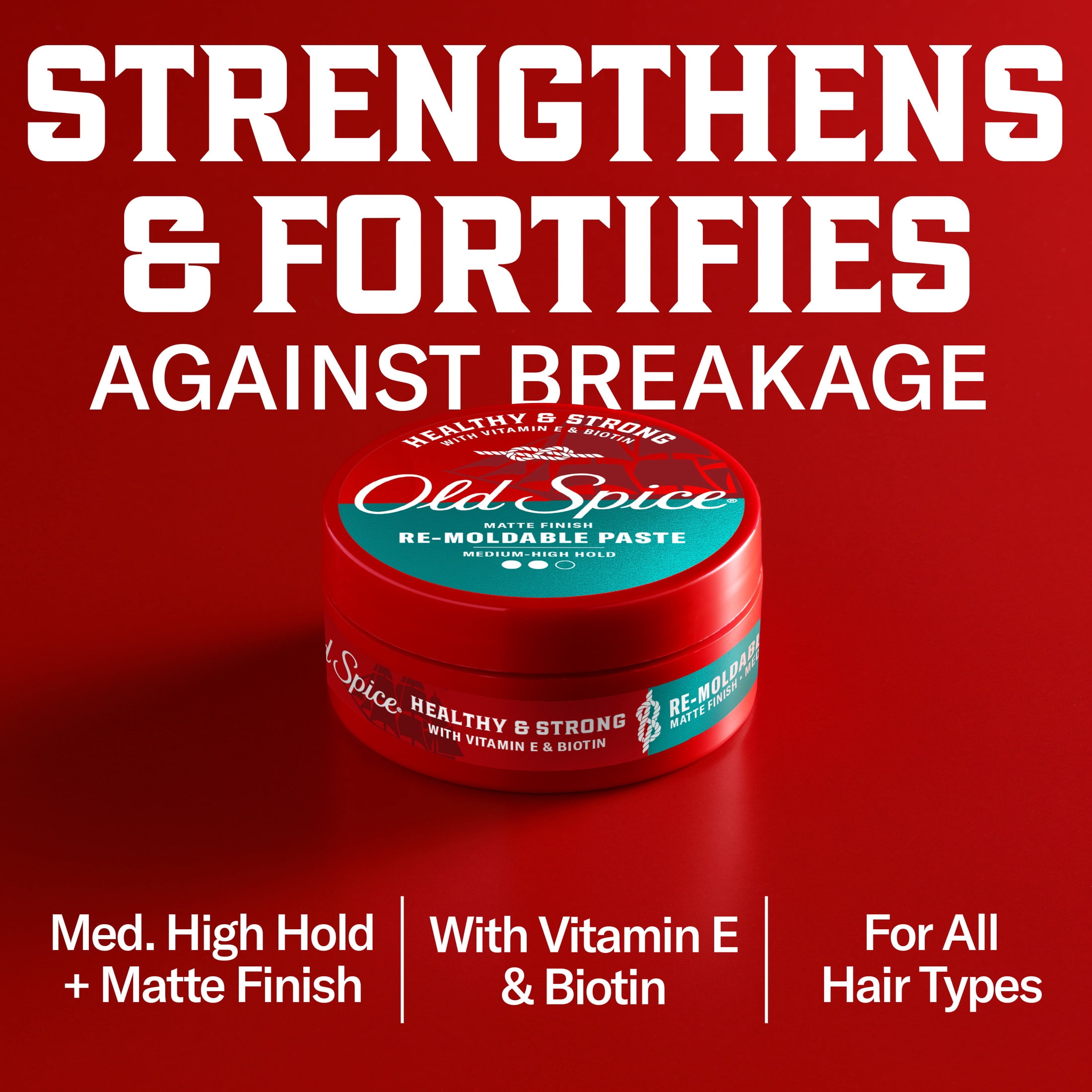 Old Spice Re-Moldable Paste for Men, Healthy and Strong with Vitamin E and Biotin, Men's Hair Styling Paste, Medium-High Hold, Matte Finish, 2.22 oz