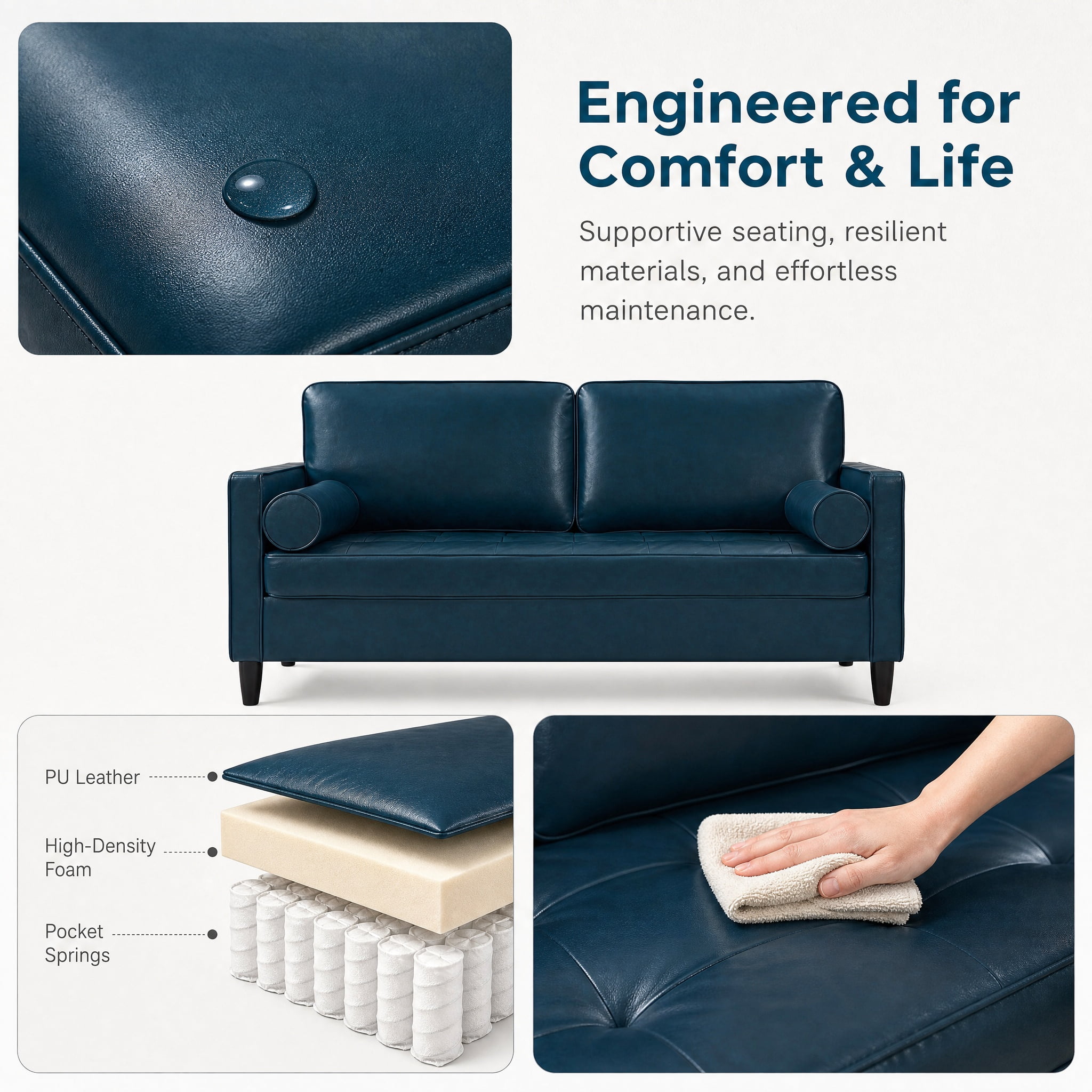 Leumius 74.5"W 3-Seater Sofa Loveseat Sofa Faux Leather Breathable Upholstered Sofa Couch with Solid Wood Legs for Living Room, Apartment & Office,Navy Blue
