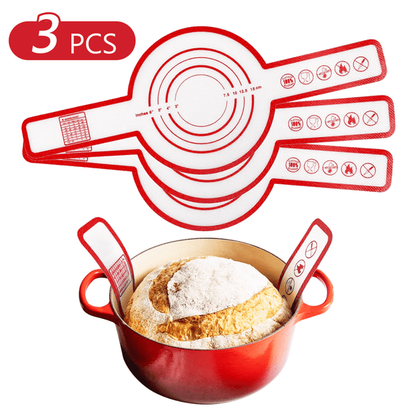 Tripumer 3 Pcs Silicone Bread Sling Bread Baking Mat with Extra Long Handle for Baking Transferable Dough Red