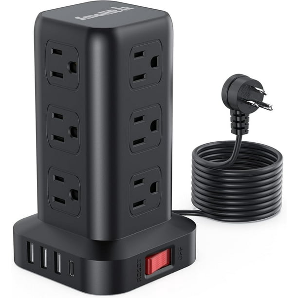 Extension Cord with Multiple Outlets, SMALLRT Surge Protector Power Strip Tower, Outlet Extender with 12 AC Outlets 4 USB, 6.5FT Extension Cord for Home Dorm Room, Office Supplies,Overload Protection