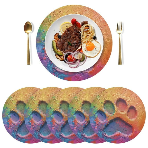 Colorful Dog Paw Print Black Round Placemats Plate Mats 15 Inch Non-Slip Heat Resistant Washable PVC Set Indoor for Kitchen Dining Table 1PC