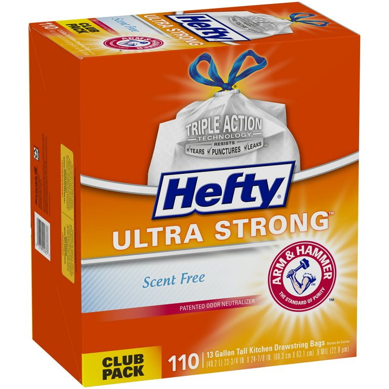 Hefty Ultra Strong 13 Gallon Kitchen Trash Bag 23.75 x 24.88 Low Density  0.9 mil White 110