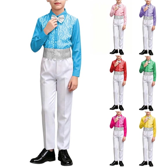 Lovzfmll 3-Piece Suit for Boys, Sequin Shirt & Bow Tie & Pants, Formal Performance Outfits for Little Boys, 9-10 Years