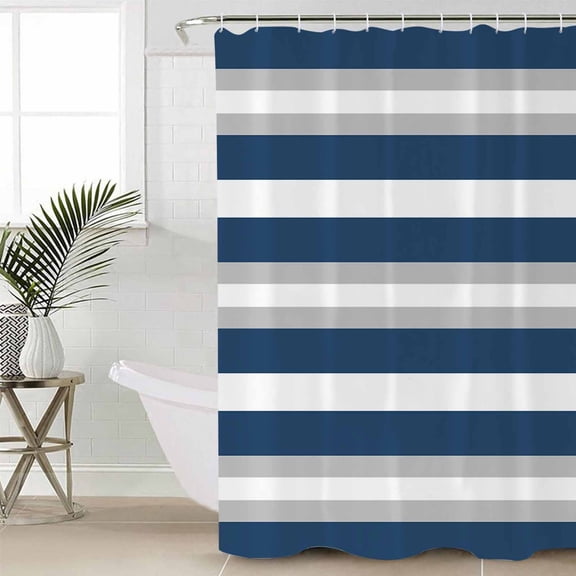 Navy Blue Grey Stripe Long Shower Curtain Set, Waterproof Shower Curtains for Bathroom, Minimalist Farmhouse Striped Washable Fabric Cloth Bath Curtain for Bathtub Decoration with Hooks 72x84 Inches