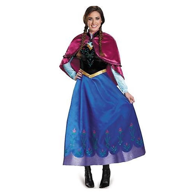 disfraz de princesa anna para adultos, disfraz de navidad, vestido elegante xianweishao 8390606431080 vestido largo de poliéster azul con corsé negro y capa magenta, mangas claras y falda con motivos florales en el dobladillo; talla M, fotografía frontal sobre fondo blanco, apto para Halloween o fiestas temáticas.