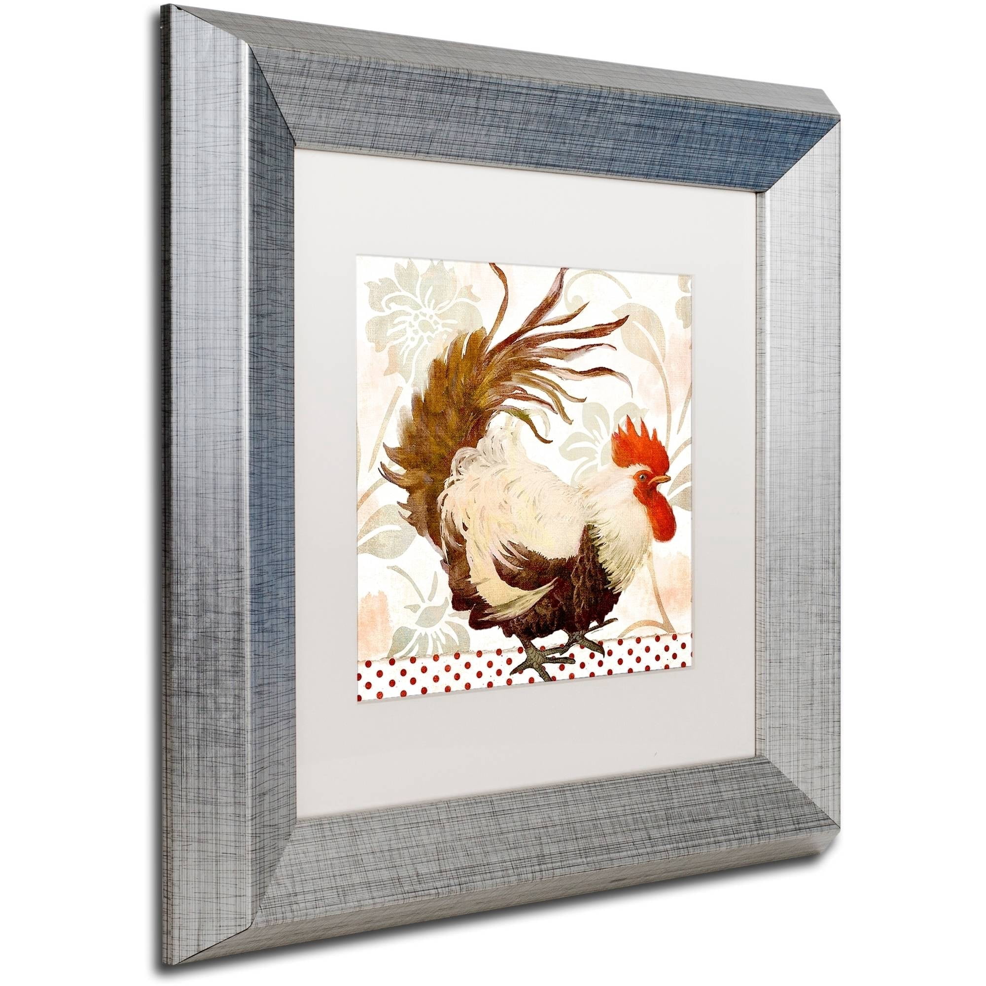 Trademark Fine Art "Rooster Damask II" Canvas Art by Color Bakery White Matte, Silver Frame