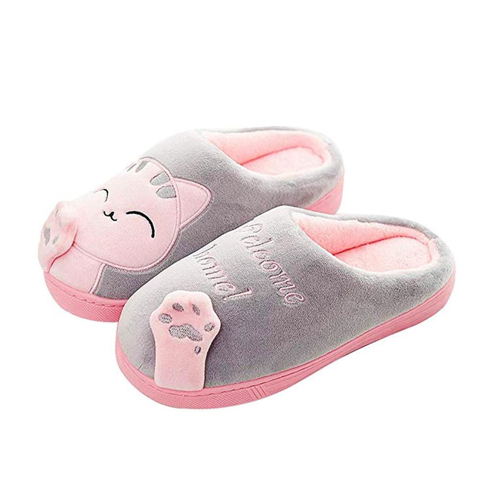 Women Cat Slip On Flat Plush Fur Slippers Winter Warm Home Indoor Shoes Size 