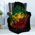 thumbnail image 4 of Rasta Soft Flannel Fleece Throw Blanket, Ethiopian Flag Colors on Grunge Sketchy Lion Head Black Backdrop, Cozy Plush for Indoor and Outdoor Use, 60" x 80", Pale Green and Yellow, by Ambesonne, 4 of 5