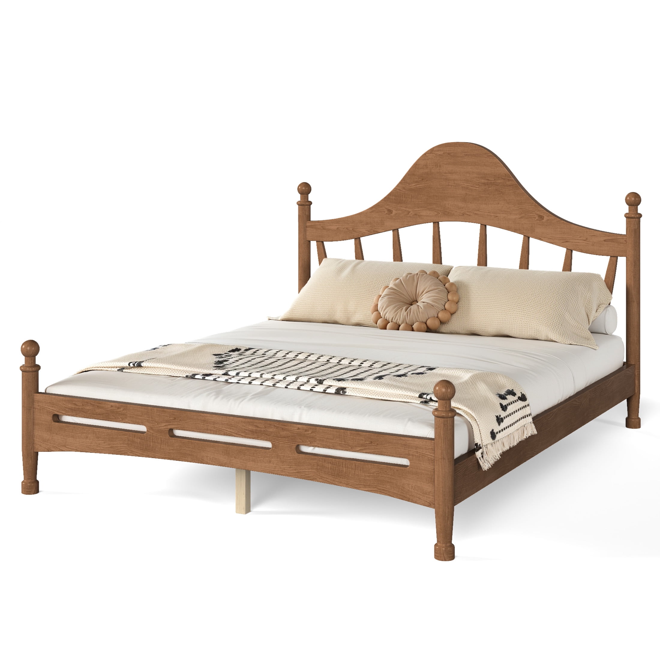 GDF Studio Queen Size Platform Bed with Curved Headboard, Solid Pine Frame, Slatted Support, Antique Brown