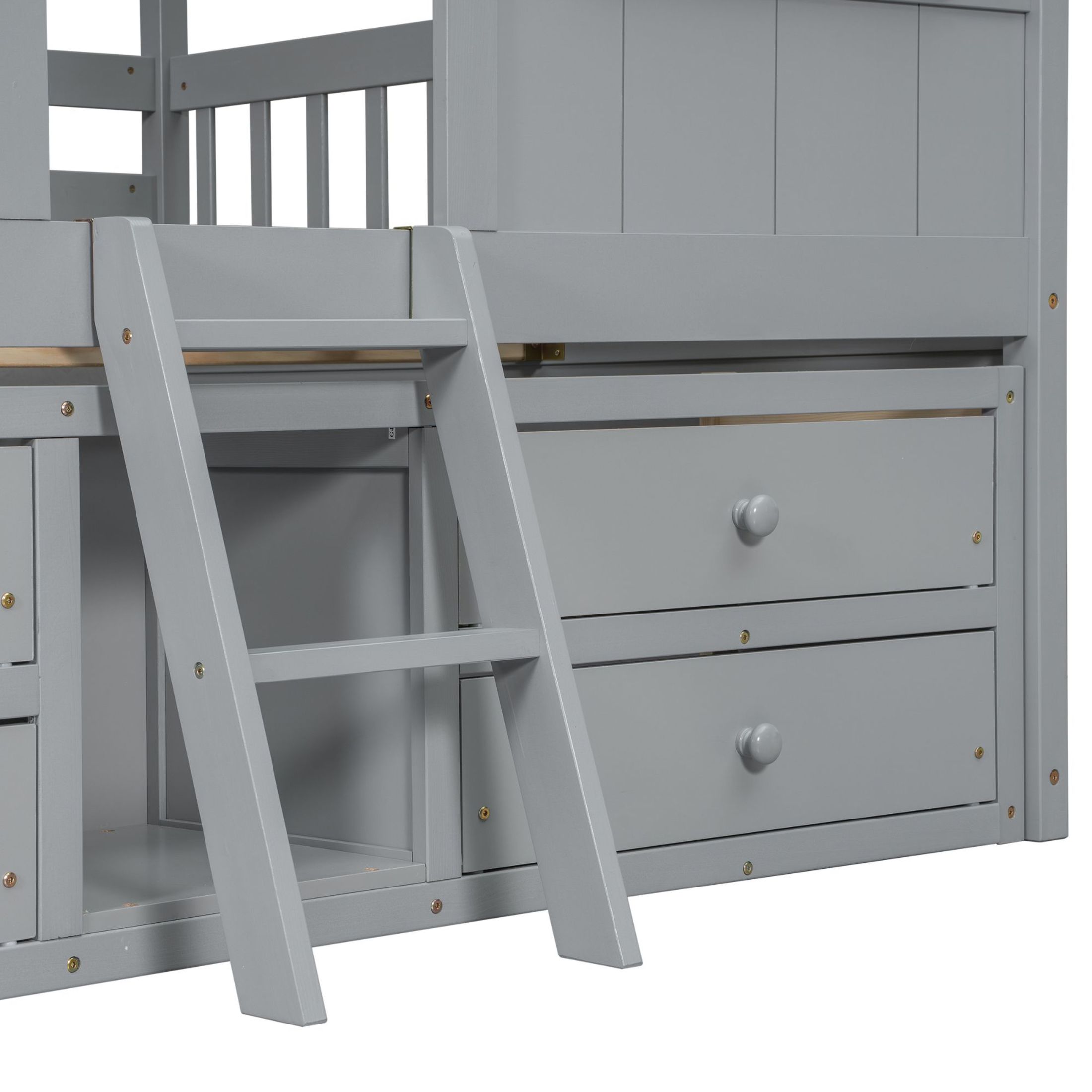 Noble House Full Size House Loft Bed, Pine Wood Frame with Roof, Windows, Ladder, and Storage Drawers, Grey