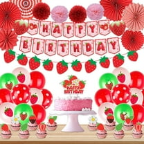 Strawberry Shortcake Birthday Decorations Happy Birthday Party Supplies - Banner, Cake Toppers, Balloons, Paper Pompoms & Fans for Girl's Strawberry Themed Party