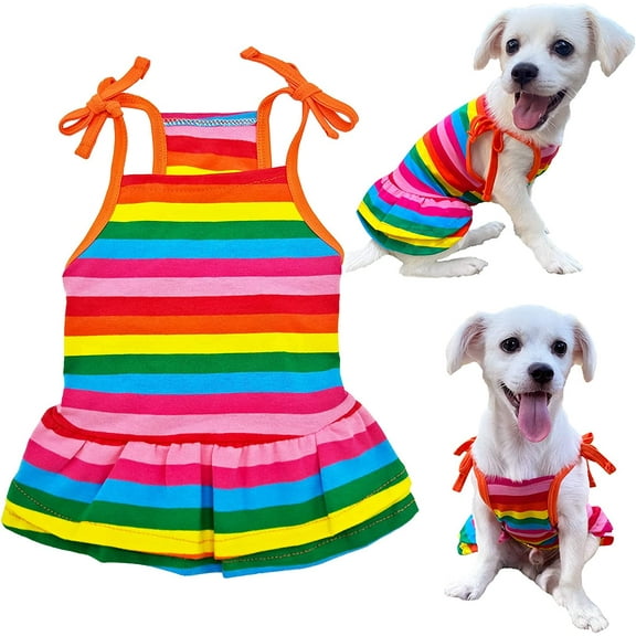Dog Shirt Rainbow Striped Puppy Dresses Clothes Colorful Pet Sleeveless Vest T-Shirt, Summer Skirt Cute Girls Tether Dress Outfits for Small Medium Dogs Cat Top Costume Breathable